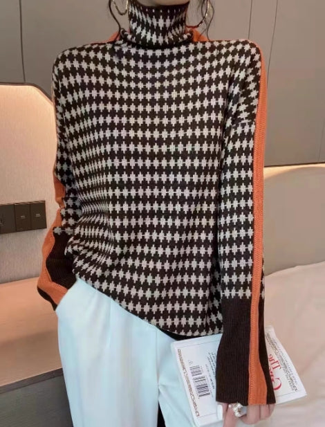 Cozy Plaid Jacquard Turtleneck Knit Sweater for Women