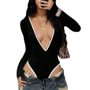 Black Deep V-Neck High-Stretch Long Sleeve Jumpsuit