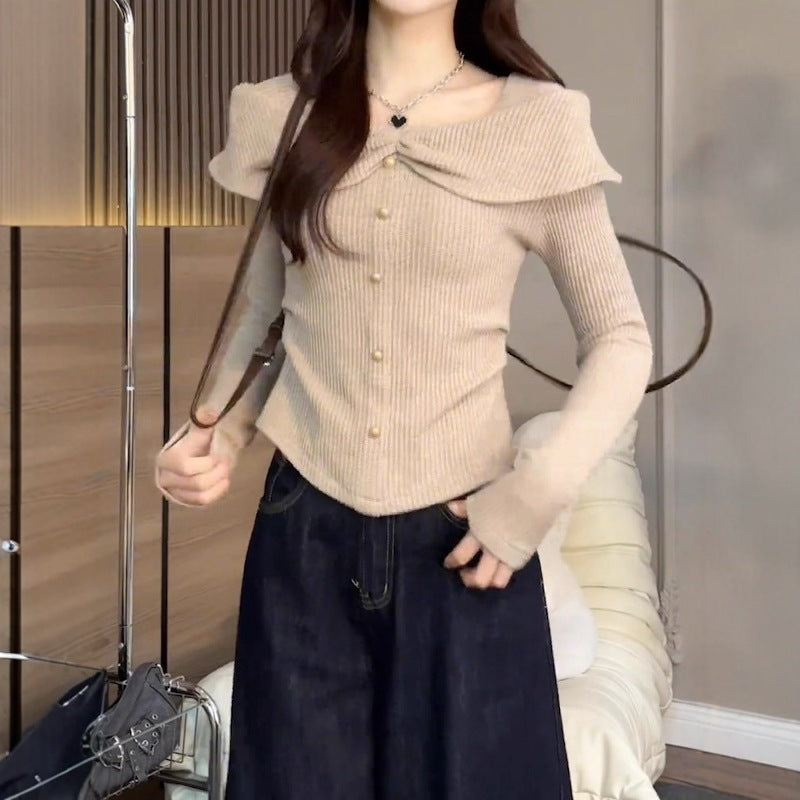 Elegant French‑Style Pleated Ruffle Long‑Sleeve Top – Slim Fit
