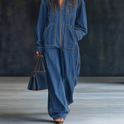 Women's Hooded Denim Overalls Casual Jumpsuit