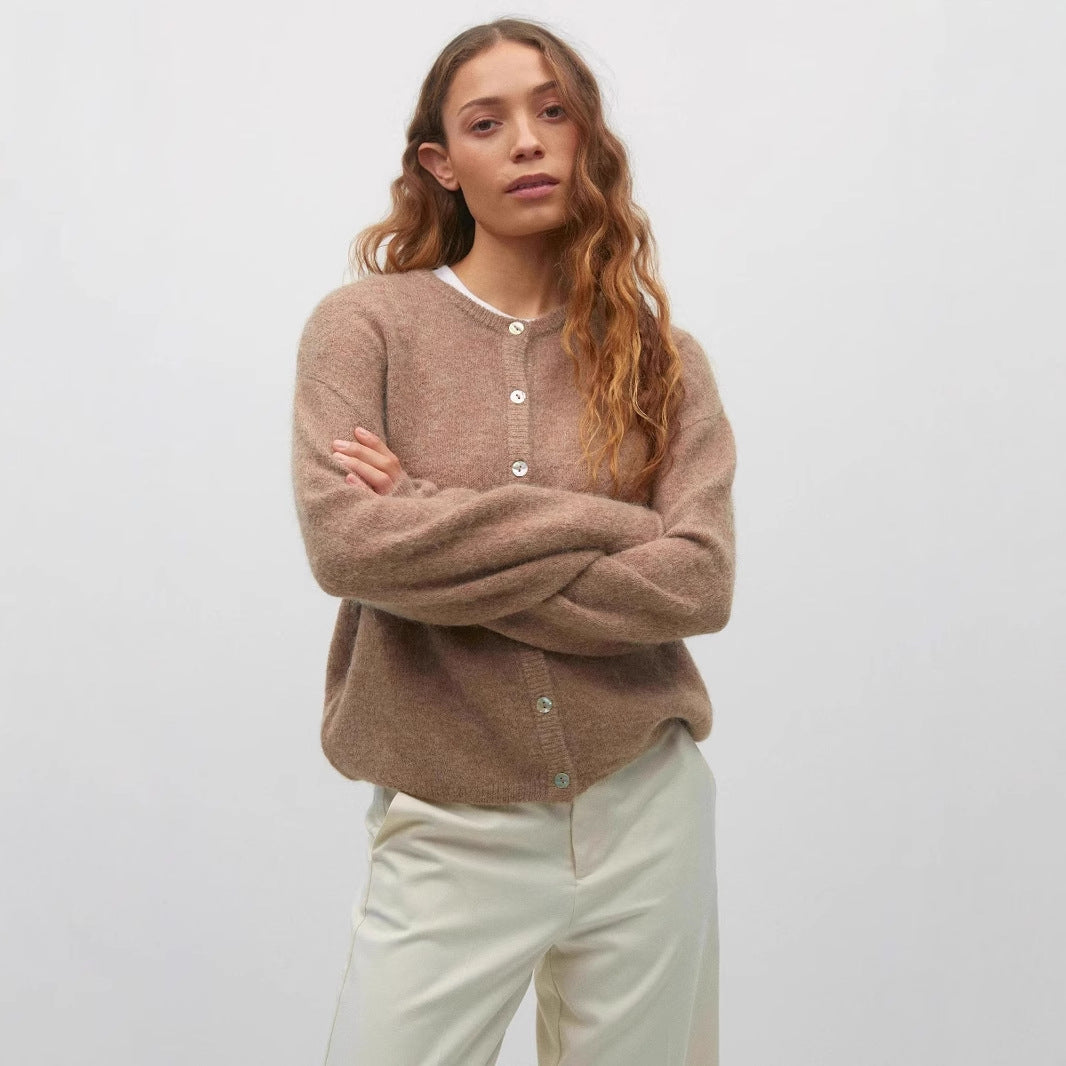 Natural Shell Button Simple and Thin Round Neck Velvet Cardigan Women's Sweater