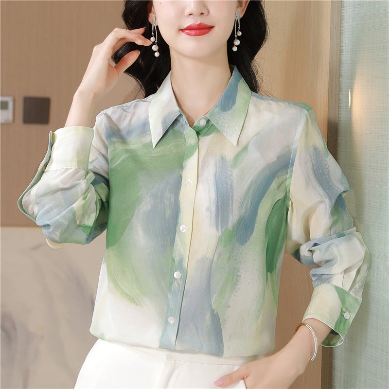 Chinese Ink Painting Style Printed Faux Silk Shirt