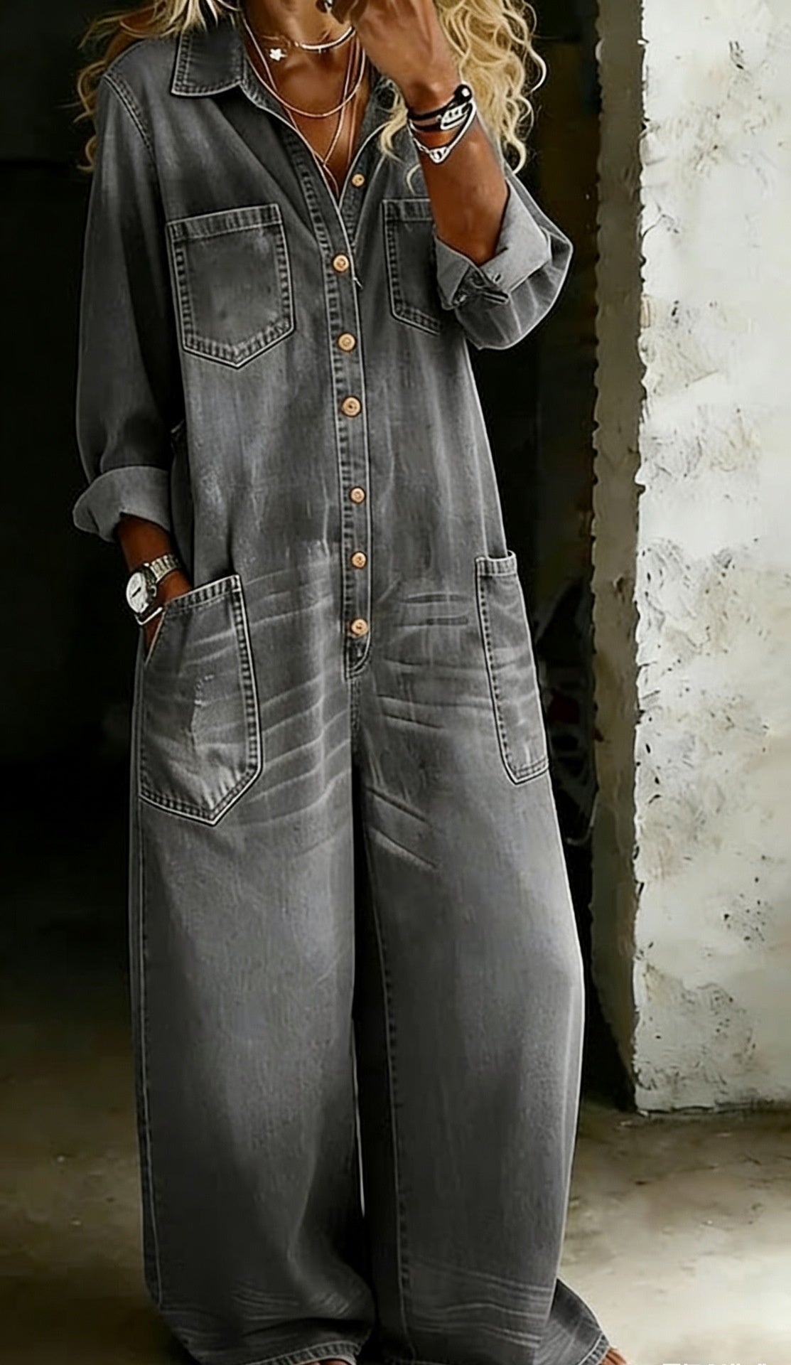 Women's Casual Denim Shirt Jumpsuit with Pockets