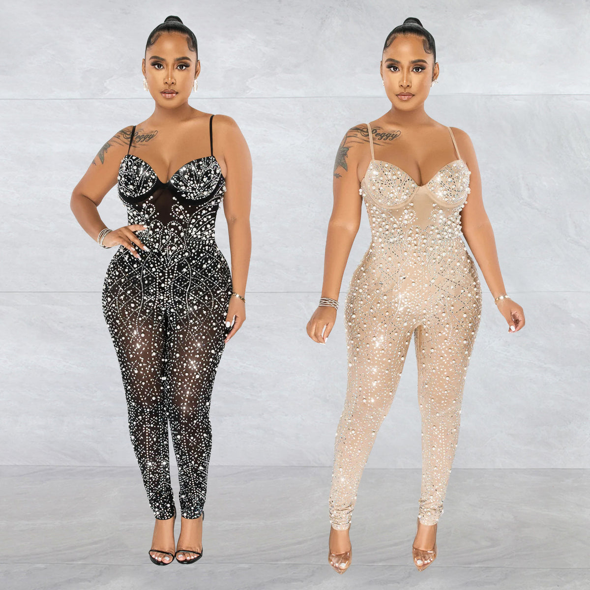 Rhinestone Mesh Sleeveless Jumpsuit