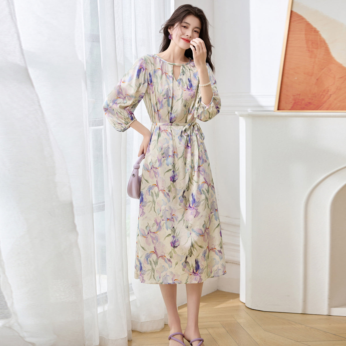 Silk A-Line Three-Quarter Sleeve Printed Midi Dress