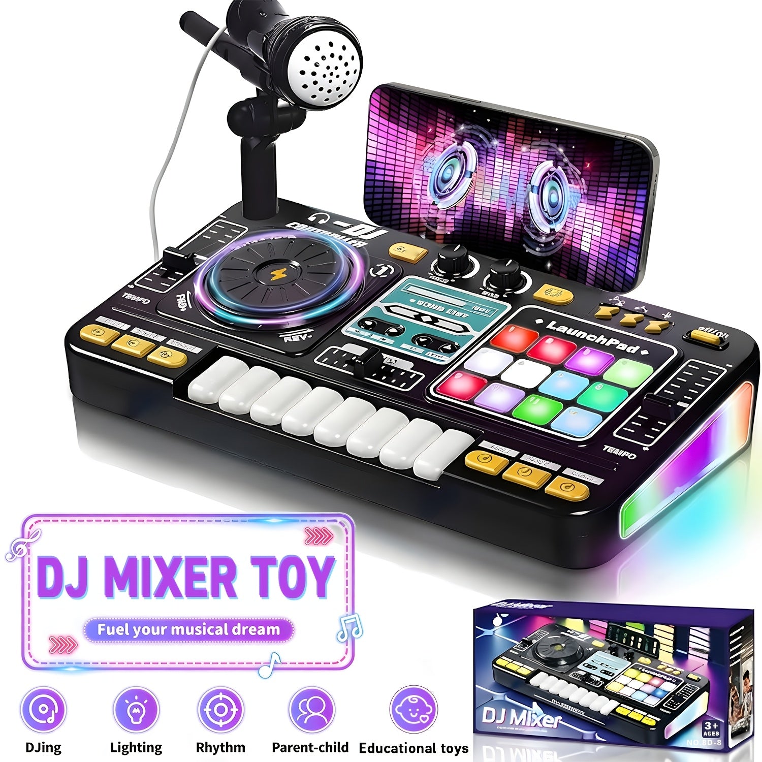All‑In‑One Multi‑Function DJ Mixing Controller with Keyboard – Includes DJ Controls, Sound Effects, and Recording for Kids