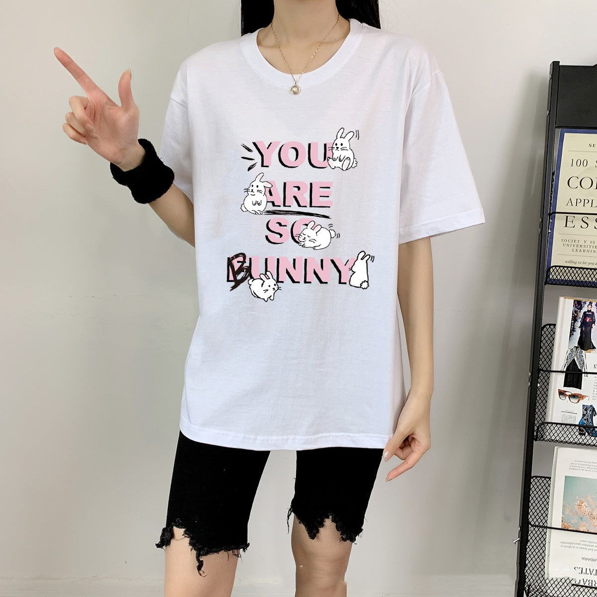 Cute Rabbit Print Cotton Short Sleeve Tee