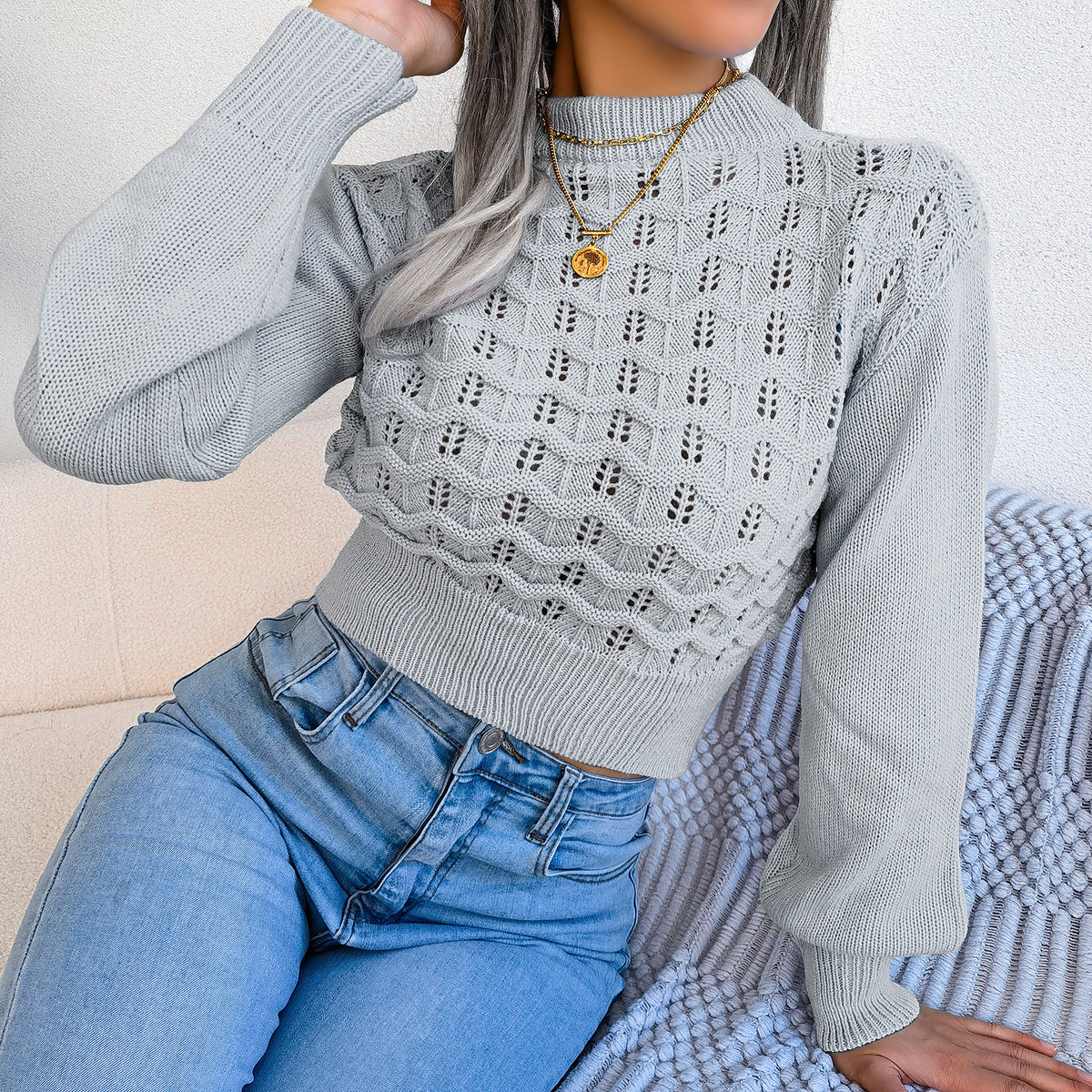 Women Street Style Solid Color Hollow Stripe Lantern Sleeve Cropped Sweater