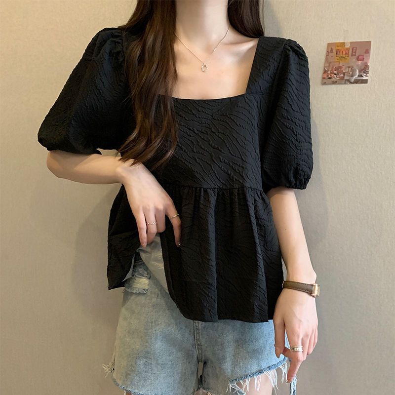 Puff-sleeved Square-neck Ruffled Short-sleeve Top