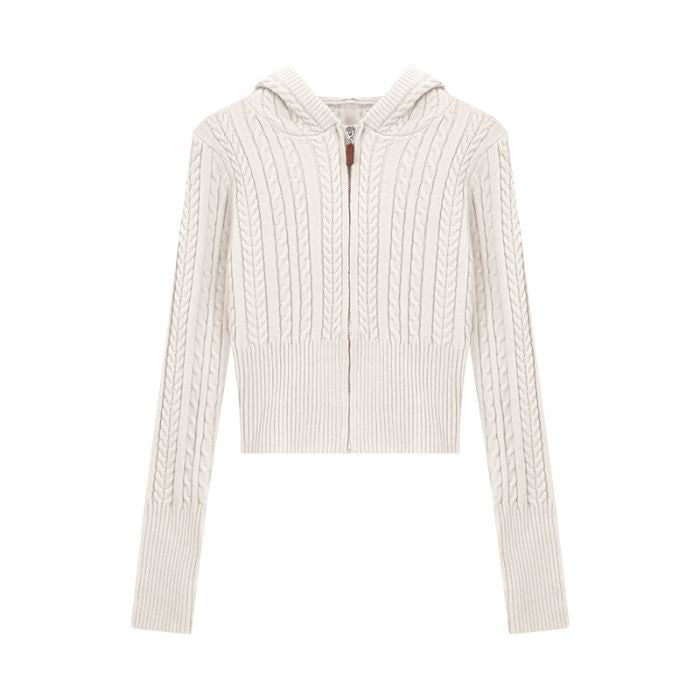 Soft Textured Knitted Hoodie with a Lazy Korean-style Zip-up Design