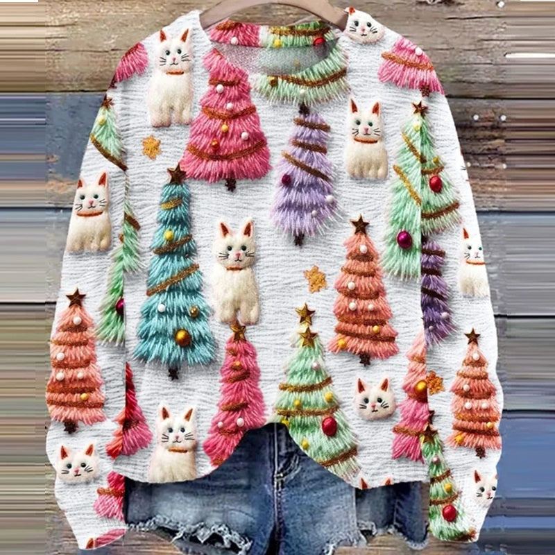 Vibrant 3D Digital Print Women's Round Neck Long Sleeve Top