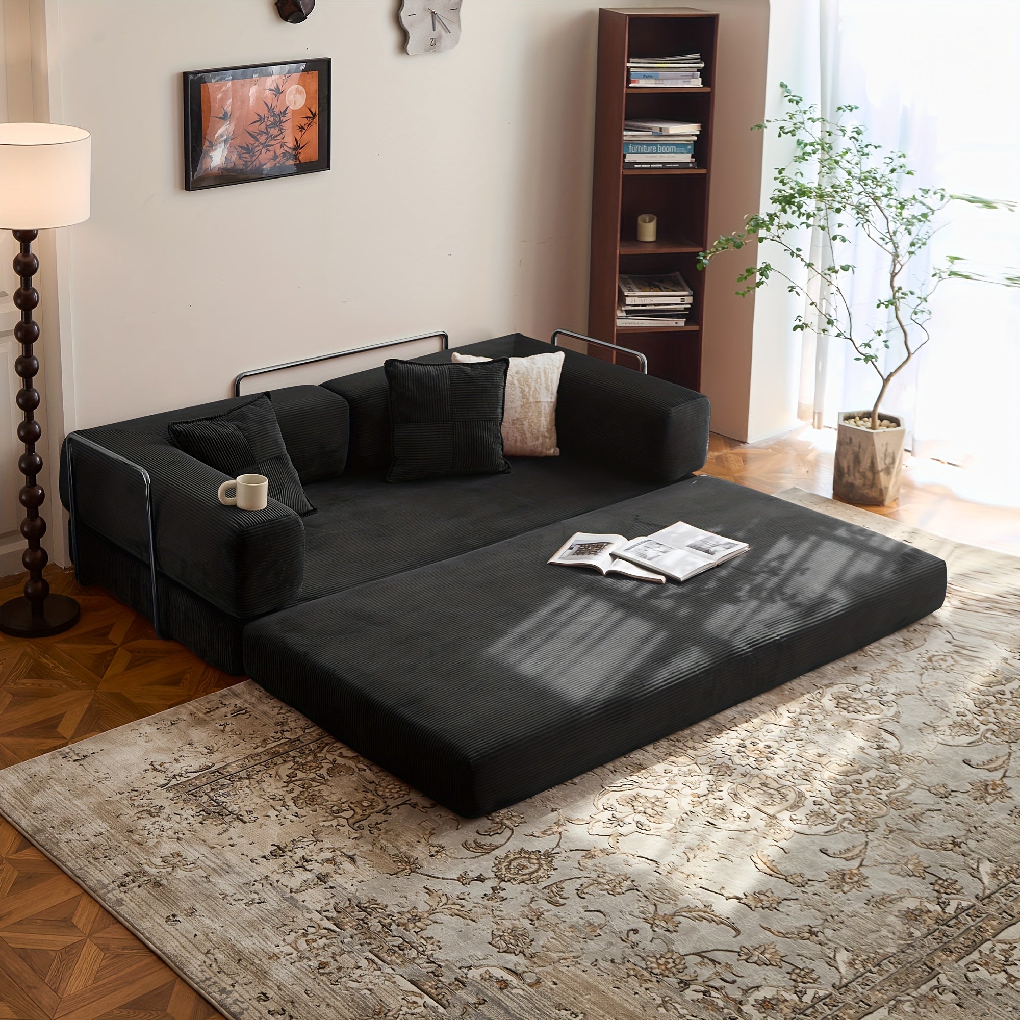 Modular L-shaped chaise longue sofa bed with deep seat and corduroy upholstery
