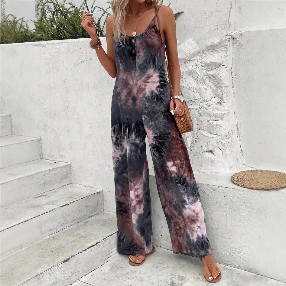 Chic Sleeveless Printed Contrast Strap Jumpsuit