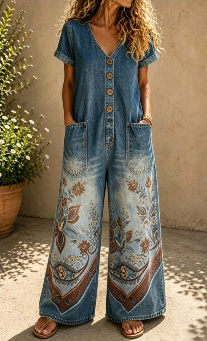 Casual Denim Wide-Leg Short Sleeve Jumpsuit with Pockets