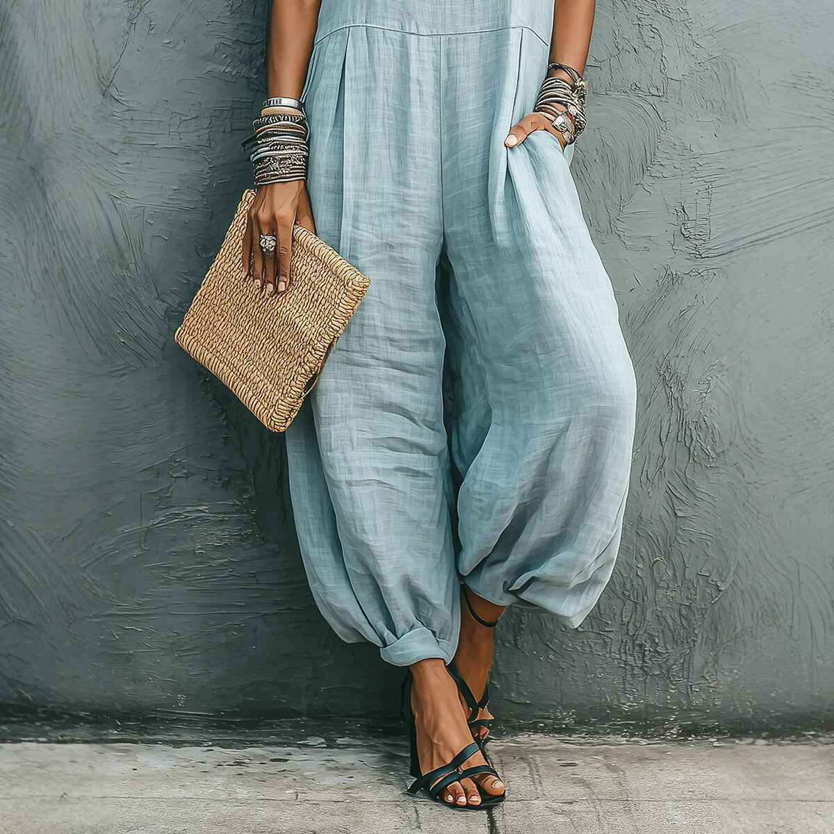Loose-fit Strap Jumpsuit Womens Casual Wide-leg Pants
