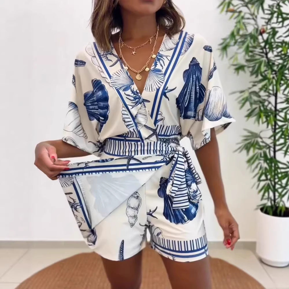 Women's Printed V-Neck Casual Wrap Jumpsuit