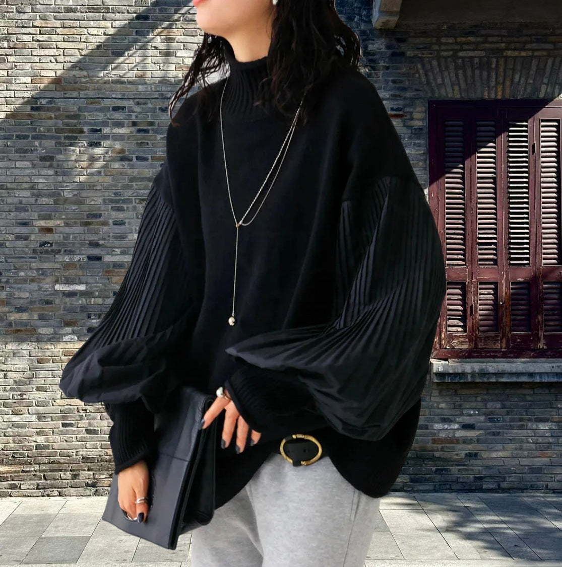 Fashion Casual Turtleneck Folding Sleeve Stitching Puff Sleeve Casual Sweater