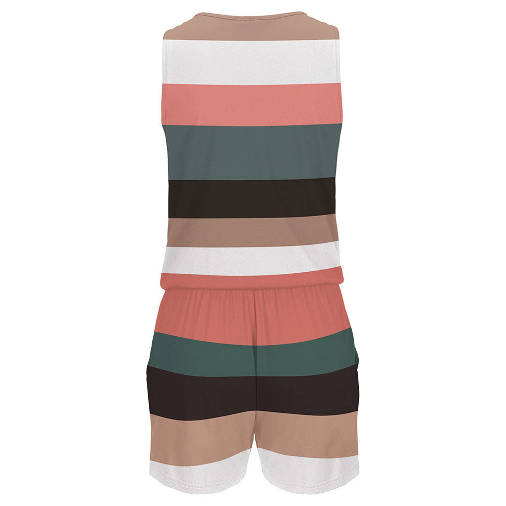 Women's V-Neck Zip-Up Striped Sleeveless Romper Shorts