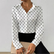 Womens Black And White Polka-Dot V-Neck Long-Sleeve Shirt