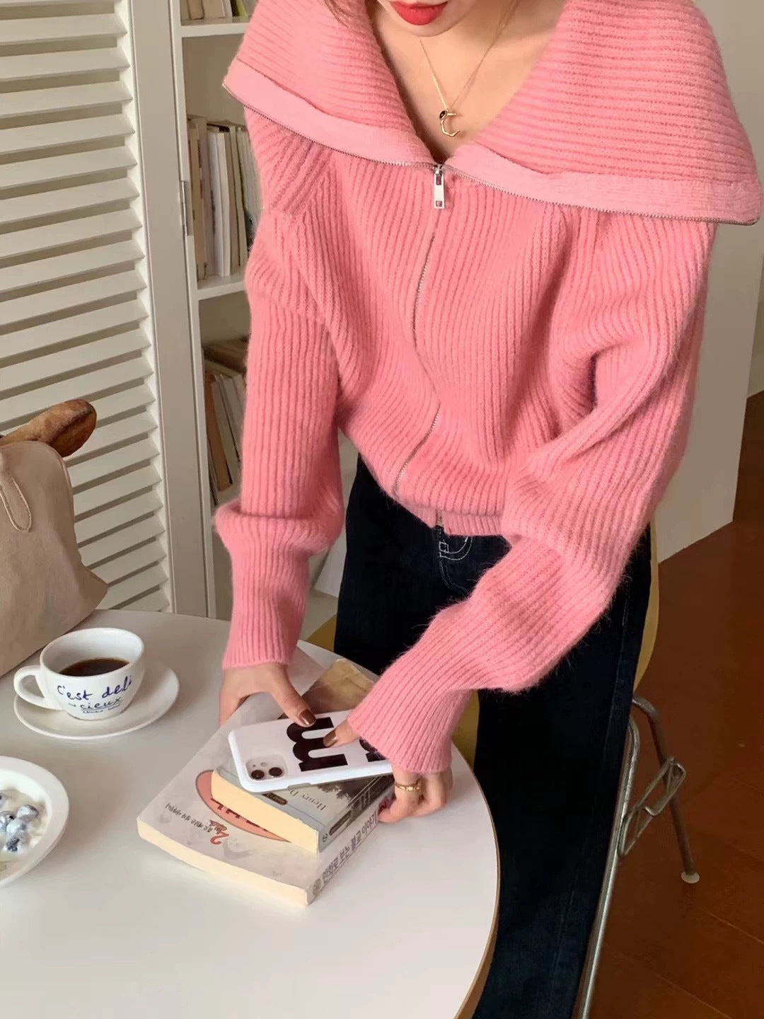 Autumn Winter Large Lapel Zippered Solid Color Womens Sweater