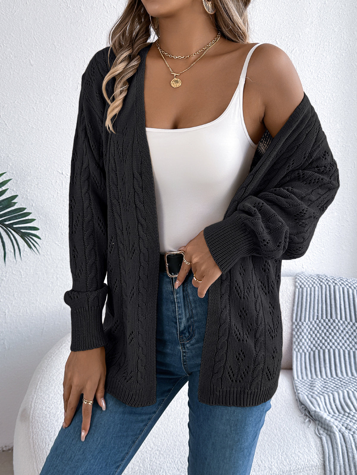 Women Casual Solid Color Hollow Out Long Sleeve Cardigan Sweater Coat