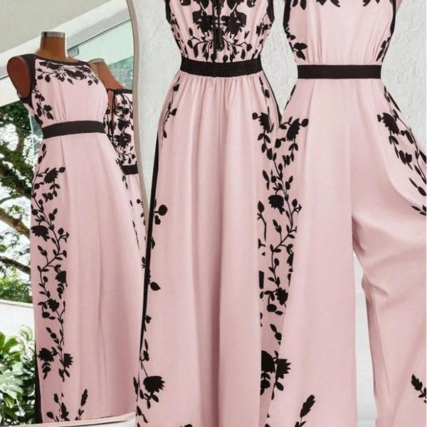 Elegant Sleeveless Printed Open-Back Casual Jumpsuit