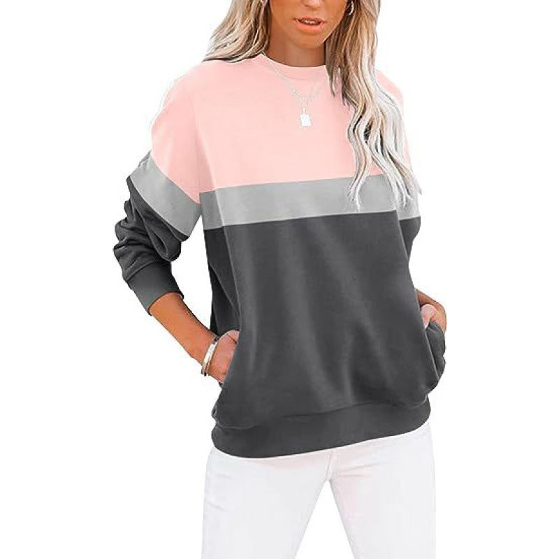 Women's Color-Block Long Sleeve Casual Sports Pullover Sweater