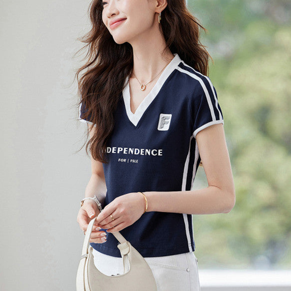 Navy Linen Slim-Fit Streetwear Jersey Tee for Women