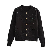 European and American Style Fashion Sequin Colorful Crystals Love Button Knitted Cardigan Jacket