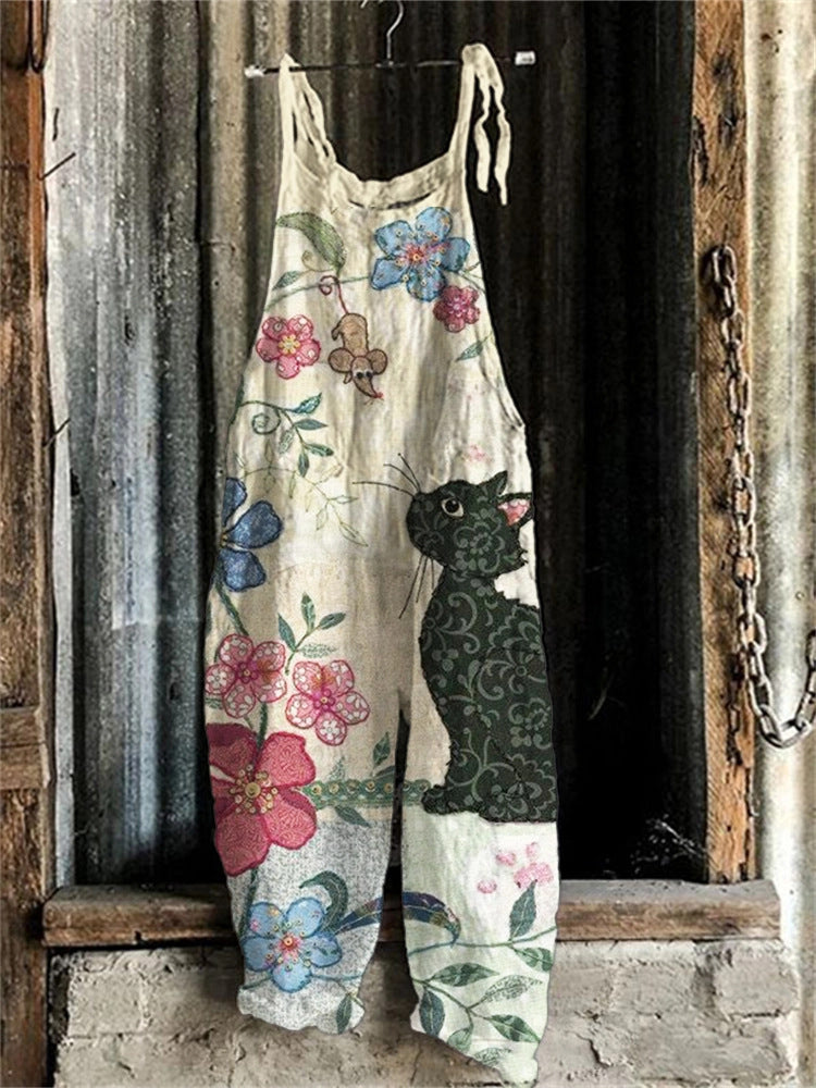 Women's Retro Floral Print Sleeveless Suspender Jumpsuit