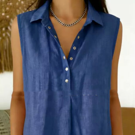 Womens Loose Comfortable Collared Sleeveless Solid-Color Shirt
