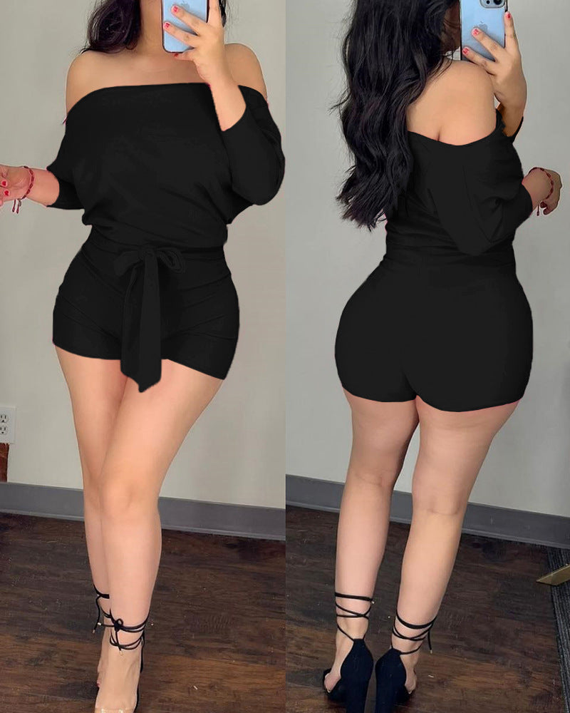 Rose-red Solid-color Casual One-piece Shorts
