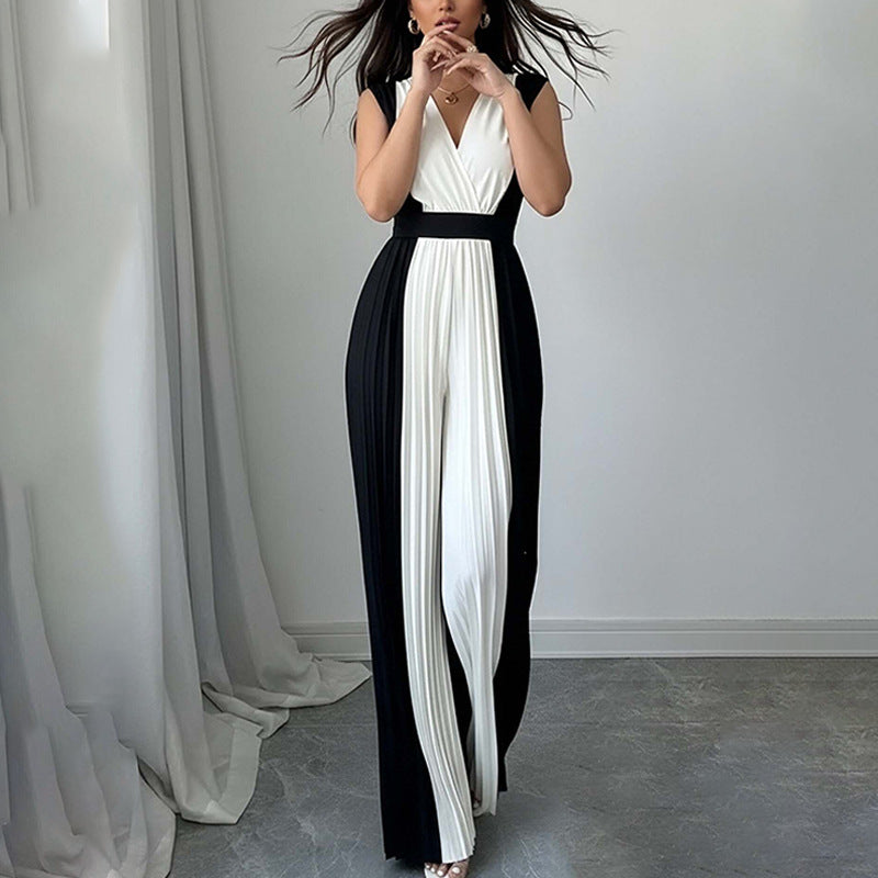 Elegant Long-Sleeve V-Neck Printed Wide-Leg Jumpsuit