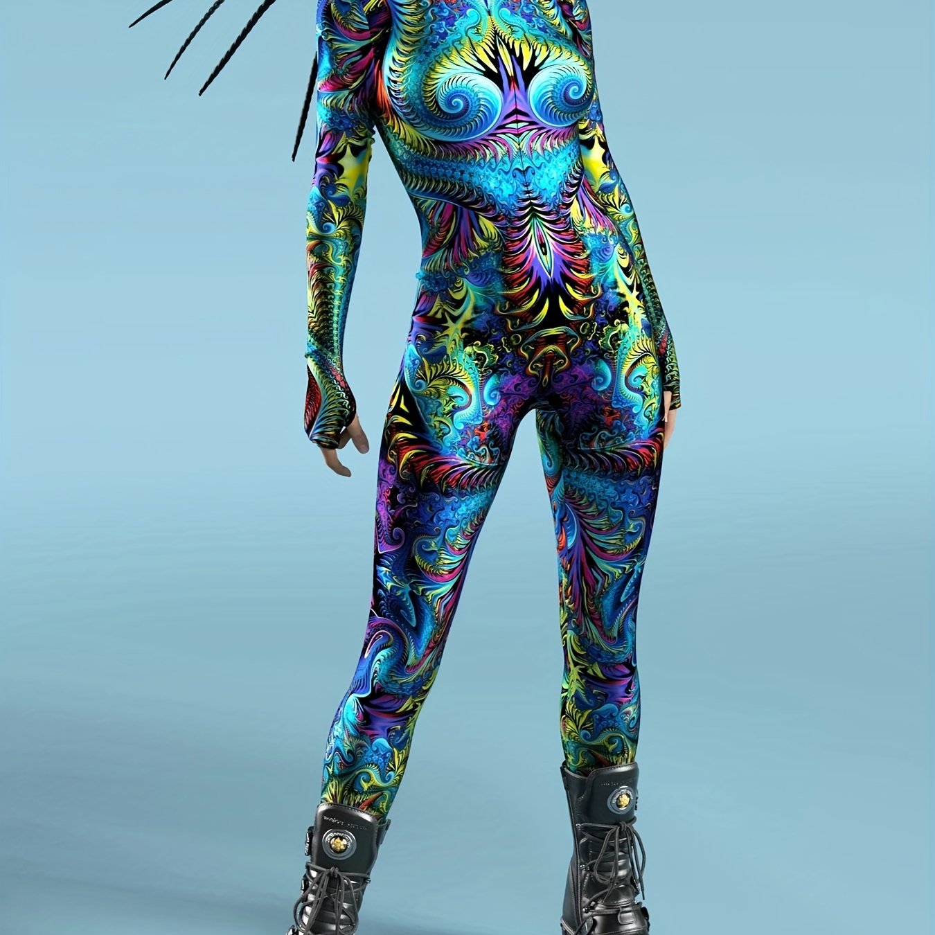 Psychedelic Fractal Print Spandex Bodysuit – High Neck, Long Sleeve, Women's Costume