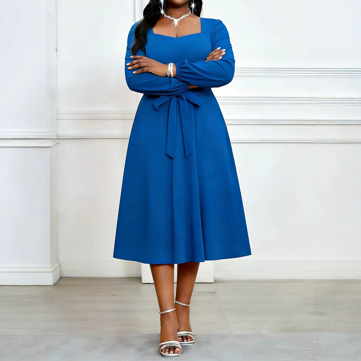 Elegant High-necked Solid-color Midi Dress