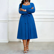 Elegant High-necked Solid-color Midi Dress