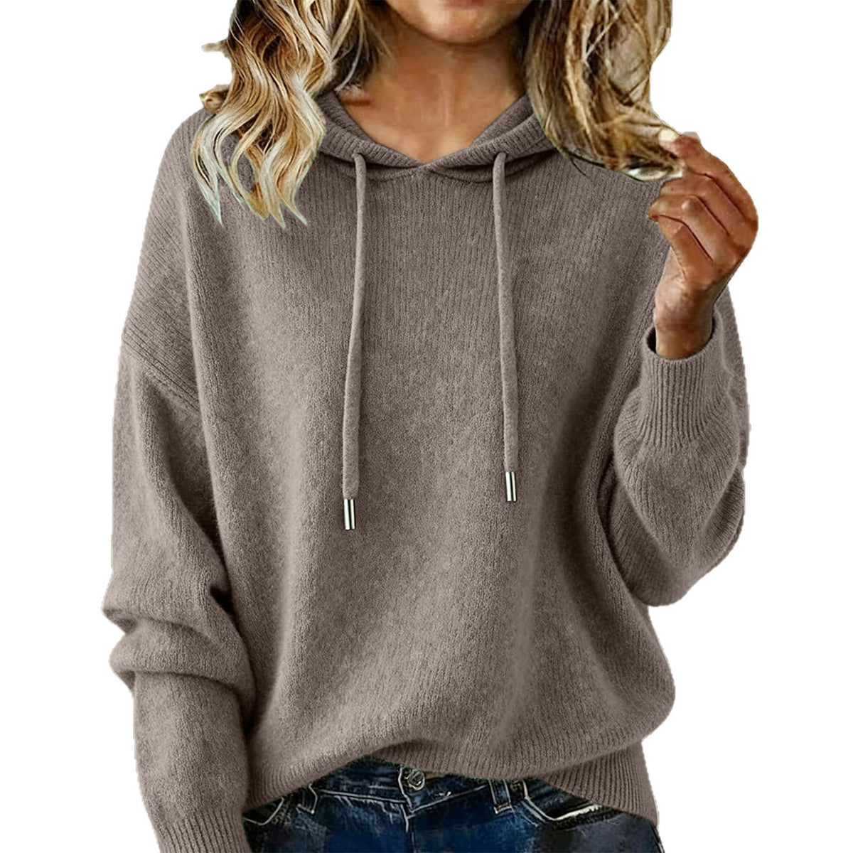 Womens Fashion Solid-color Loose Soft Hoodie with Drawstring