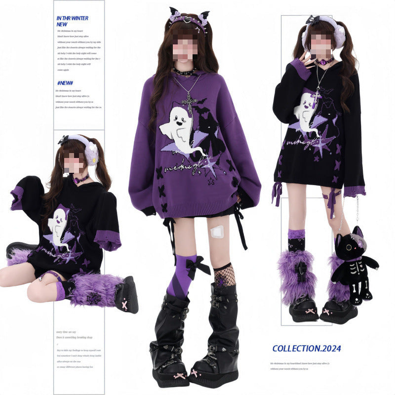 Original Black and Purple Contrast Color Lace-up Loose Sweater