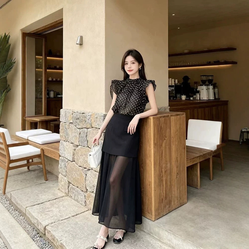 Polka-Dot Blouse & High-Waisted Skirt Set