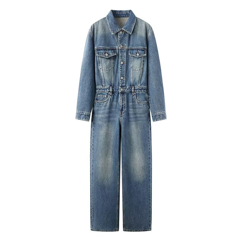 Vintage Washed Cotton High-Waist Straight-Leg Jumpsuit