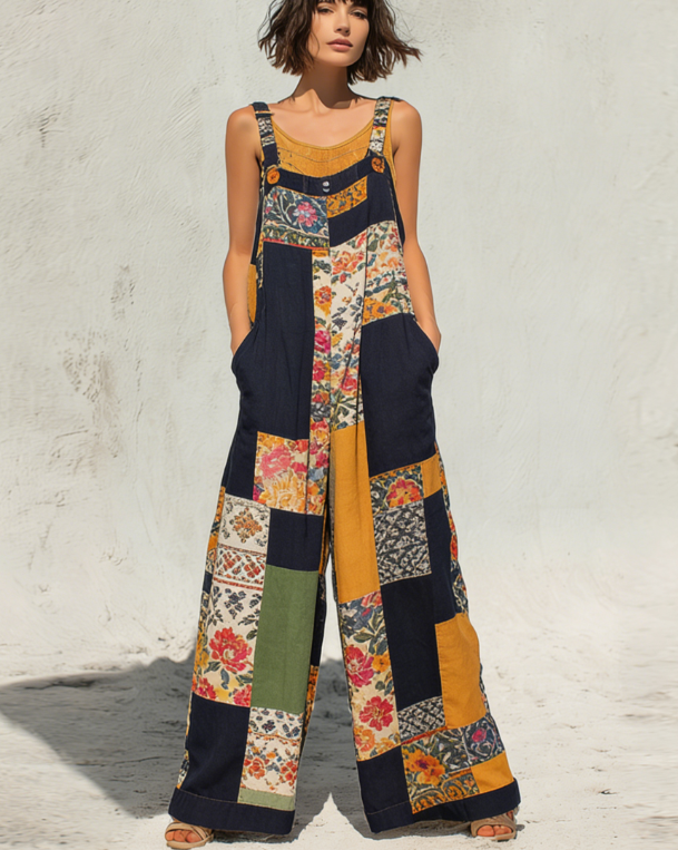 Bohemian Style Patchwork Print Loose Wide-leg Overalls For Women