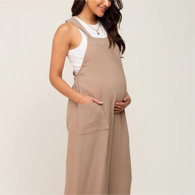 Chic Beige Wide-Leg Lace-Up Maternity Overalls
