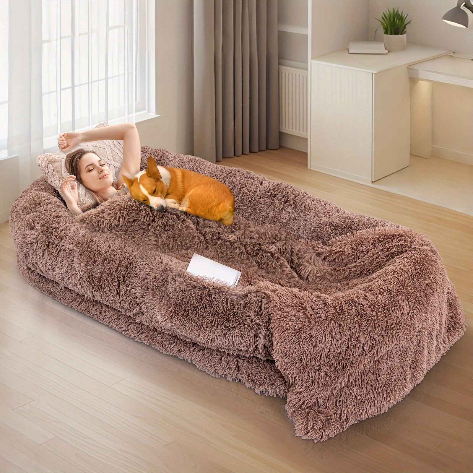 Extra Large Orthopedic Dog Bed With Plush Pillow & Blanket - Extra Long Couch-like Pet Bed For Large Dogs, Humans - Washable Faux Fur Interior, Easy Assembly - Ideal For Living Room, Bedroom - Fits