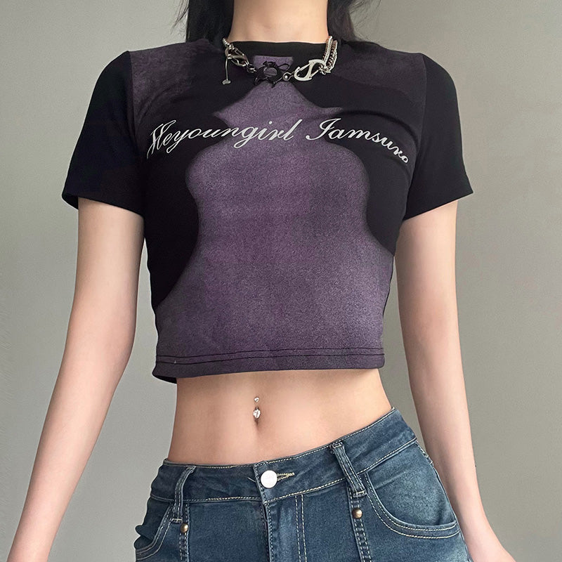 Abstract Face Print Color Contrast Slim Fit Women's T-Shirt