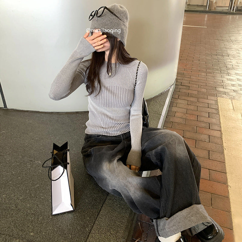 Women's Round Neck Hollow Sweater for Autumn and Winter Within Stripe Thickening
