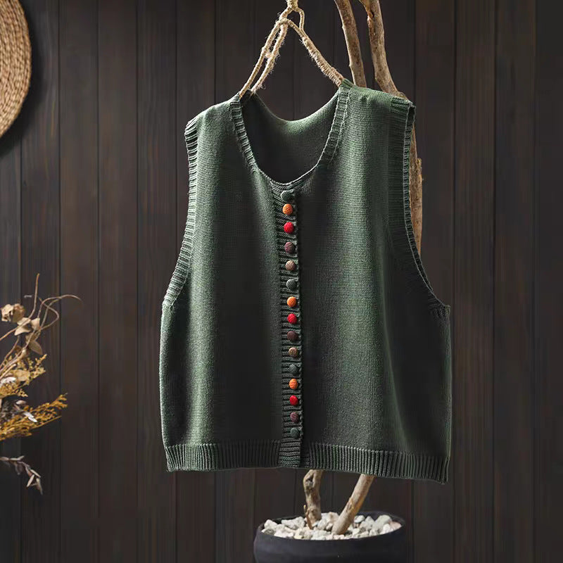 Spring and Autumn Outer Wear Solid Color and V-neck Color Buckle Knitted Cardigan Vest Vest for Women