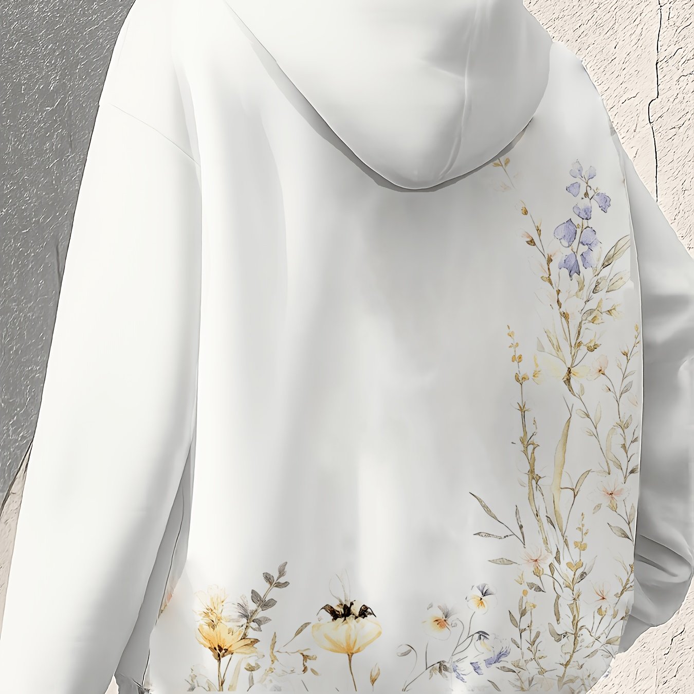 Women's Mint Green Floral Zip-Up Hoodie, Plus Size, Loose Fit, Front Pocket, Polyester, Lightweight All-Season Layer