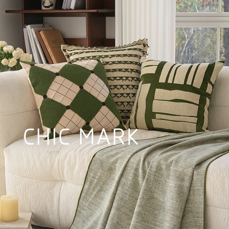 Geometric Embroidered Throw Pillow Cover - Green Sofa Accent