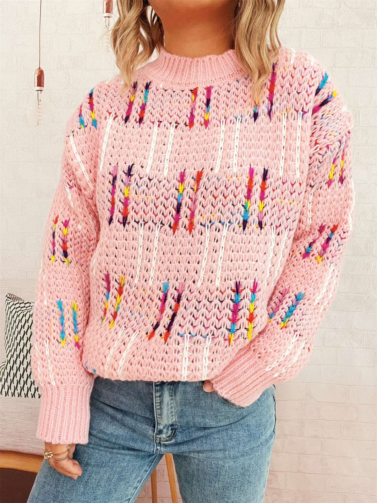 Contrast Color Cute Style Knitted Pullover Sweater for Women