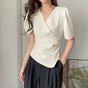 Chic French‑Style Asymmetrical V‑Neck Puff Sleeve Top – Slim Fit